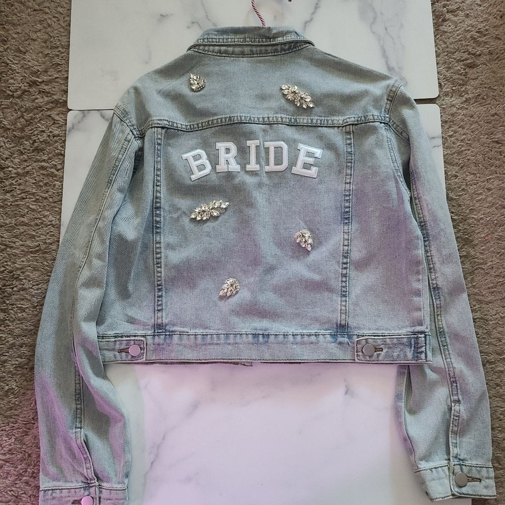 Bride denim jacket boho with rhinestone appliqués, wedding jacket, jacket bride